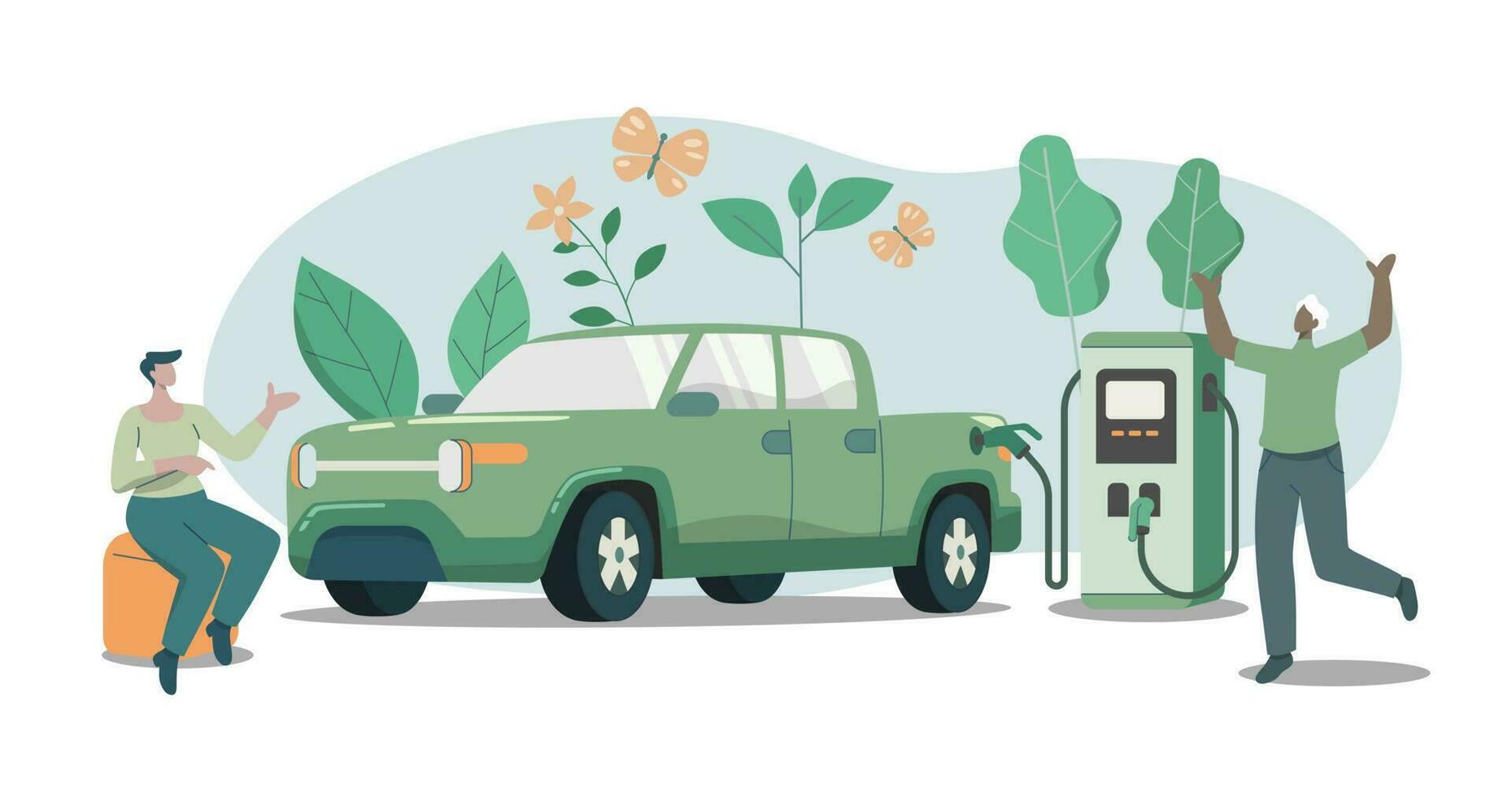 Eco friendly sustainable, Electric pickup charging station, Clean green energy from renewable sources concept. Vector design illustration.