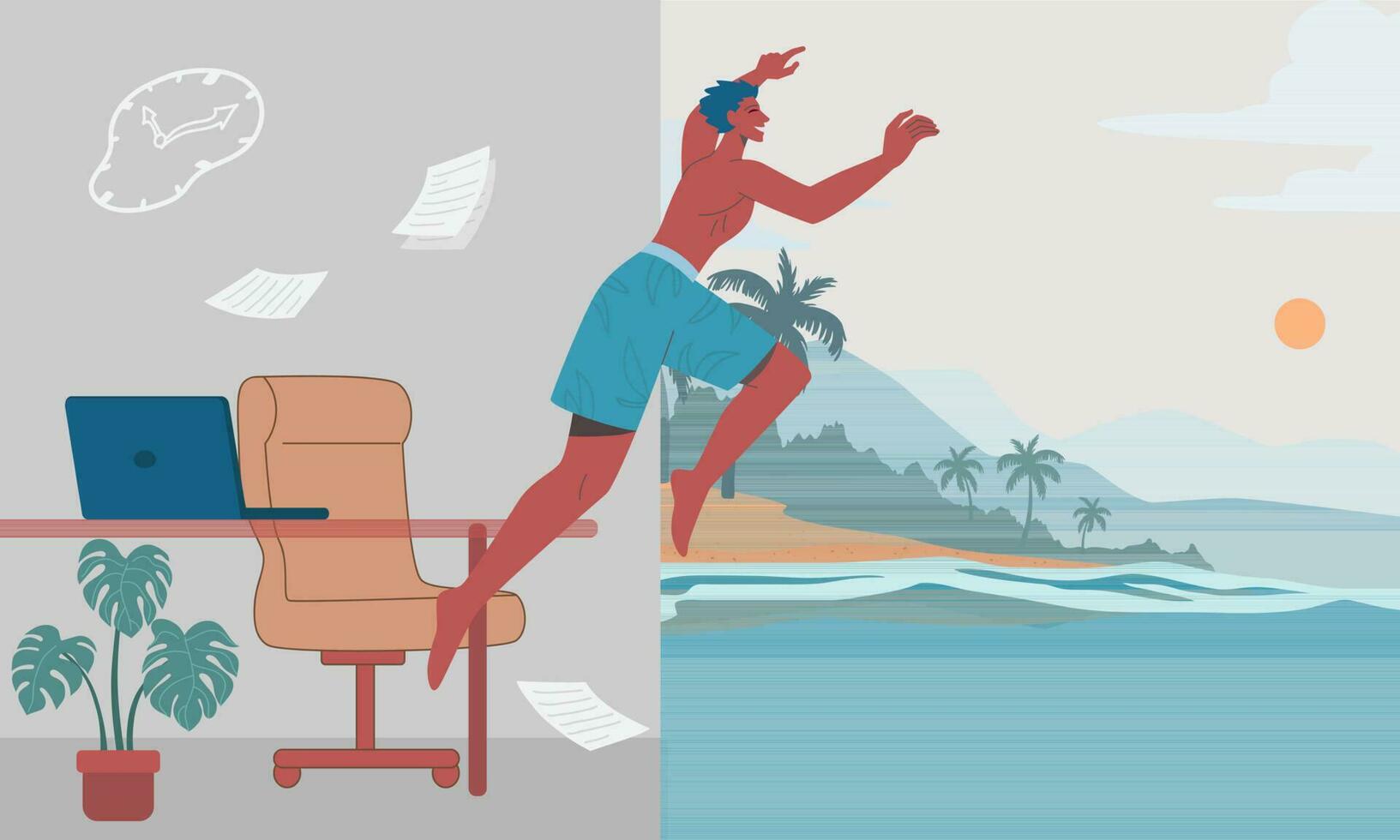 dejar el verano comenzar. joven hombre saltando desde oficina dentro el mar, verano playa antecedentes. vector diseño ilustración.