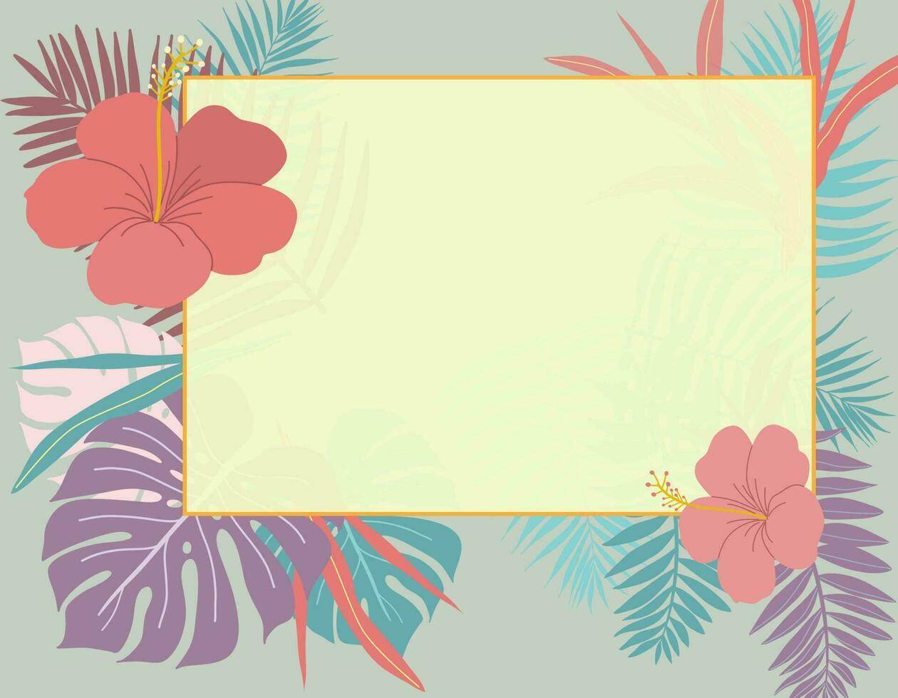 vistoso tropical hojas, follaje planta, hibisco flor con horizontal marco bandera, habitación para texto. vector diseño ilustración.