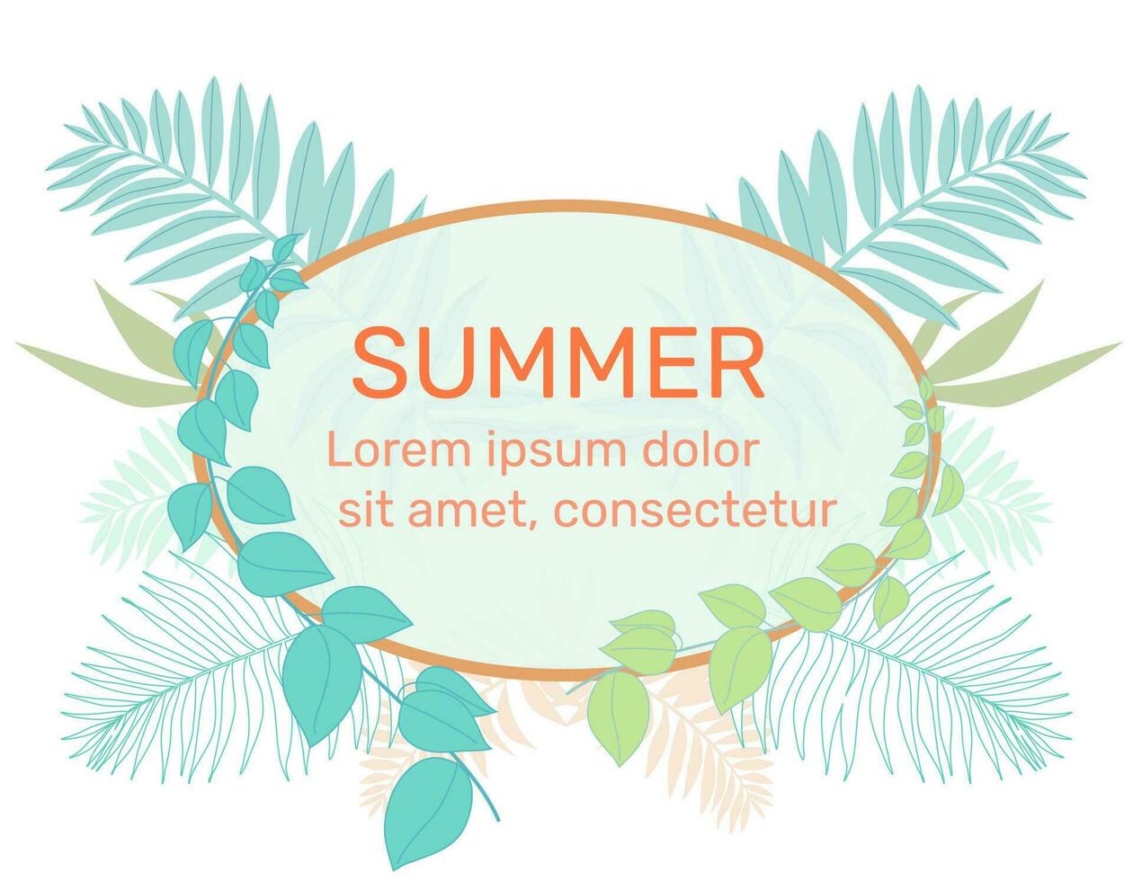 Colorful tropical circle frame summer background with leaves, banner, room for text. Vector design illustration.