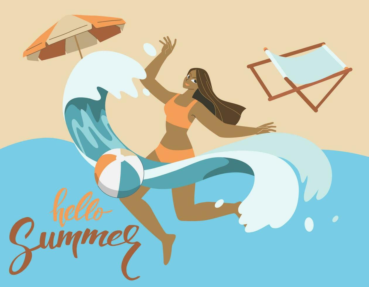 verano playa joven mujer saltando con ambrella y ola, teniendo divertido y refrescante en un caliente verano día. vector diseño ilustración.