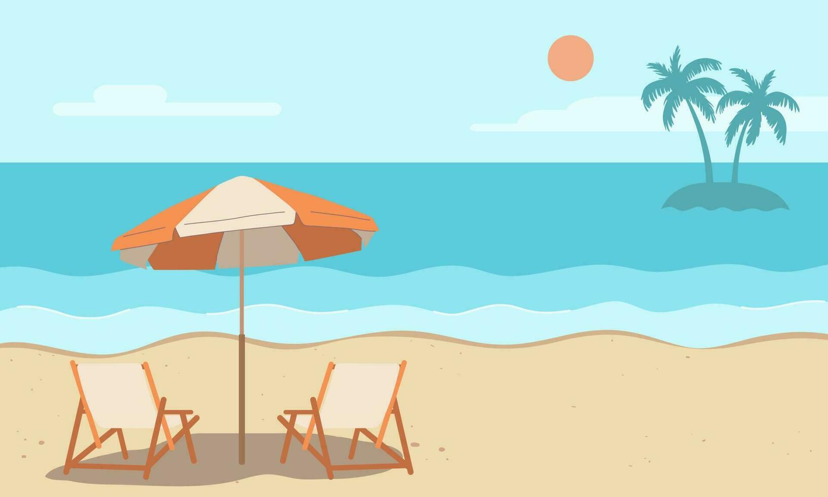 Summer beach background, umbrella, chair, sky, sun, sea, coconut trees and white sand beach. Vector design illustration.