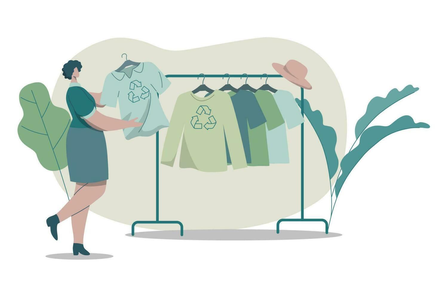 eco simpático ropa sostenible, mujer comprando reciclaje textil, reciclar y ambiental cuidado concepto en moda. vector diseño ilustración.