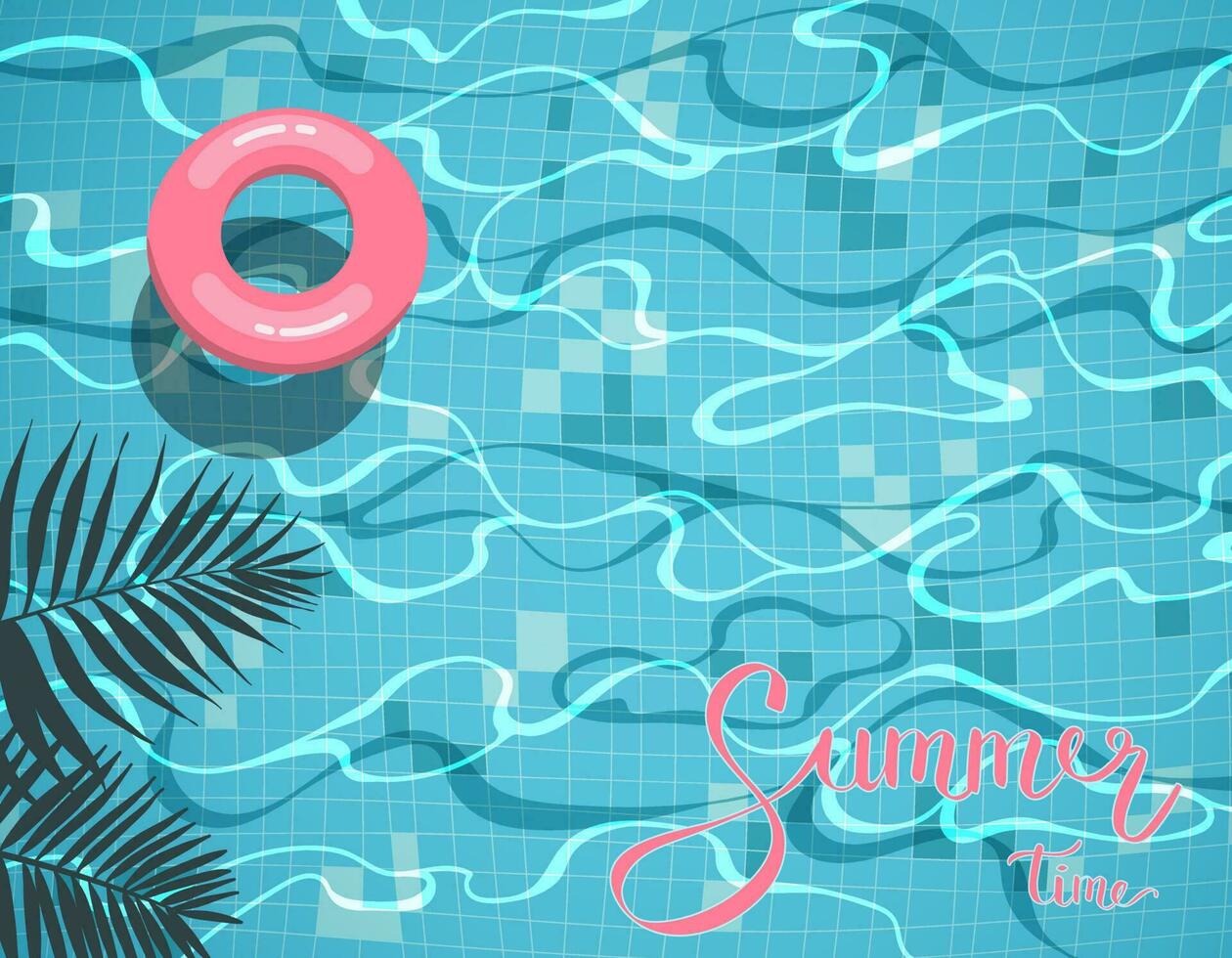 Pink inflatable donut swimming ring in a swimming pool with palm leaves shadow. Vector design illustration.