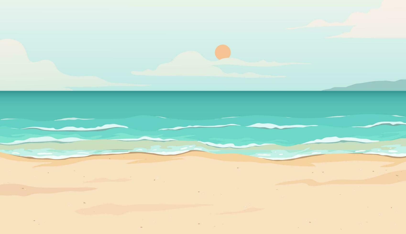 Summer beach background, sky, sun, sea, coconut trees and white sand beach. Vector design illustration.