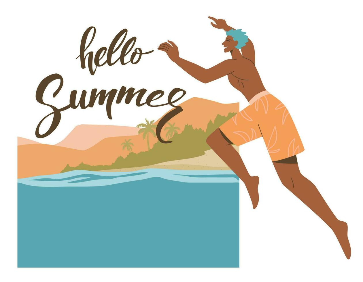 Let the summer begin. Young man jumped from his office into the sea, Summer beach background. Vector design illustration.