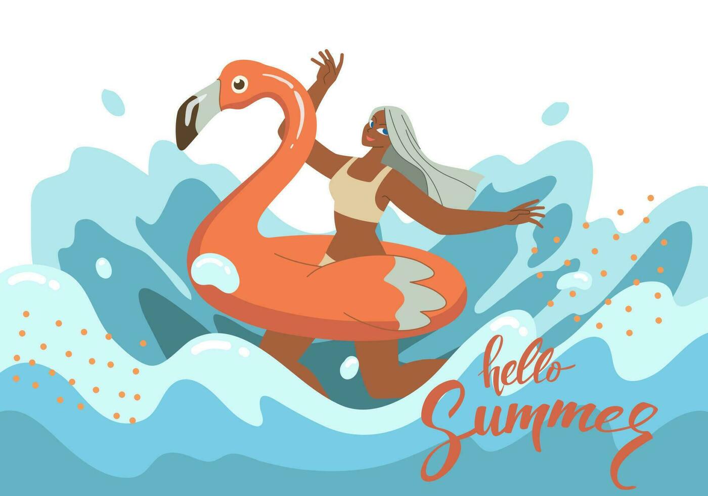 dejar el verano comenzar. joven mujer paseo en inflable flamenco en el mar, teniendo divertido y refrescante en un caliente verano día. vector diseño ilustración.