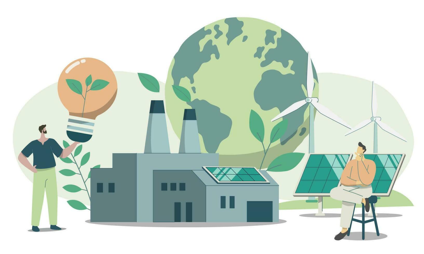 Eco friendly sustainable, Environmental protection factory, Clean green energy from renewable sources concept. Vector design illustration.
