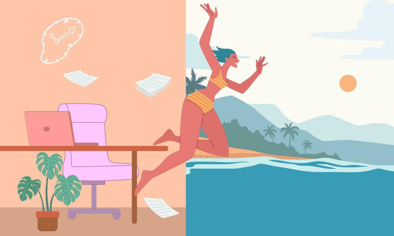 Let the summer begin. Young woman jumping from office into the sea, Summer beach background. Vector design illustration.