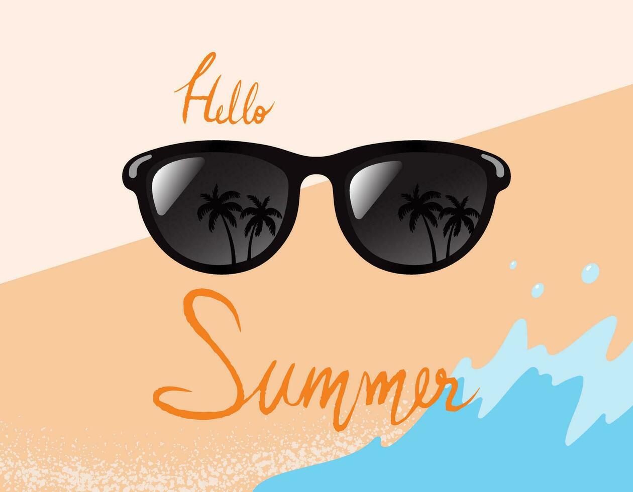 Hello summer black sunglass and water, sand background. Vector design illustration.