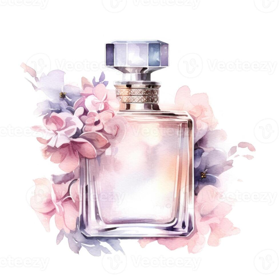 Watercolor perfume bottle with flowers. Illustration photo