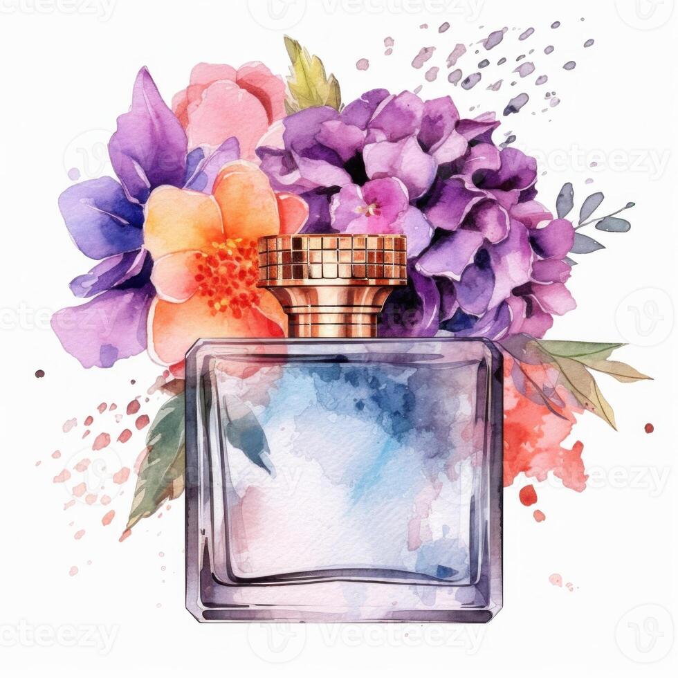 Watercolor perfume bottle with flowers. Illustration photo