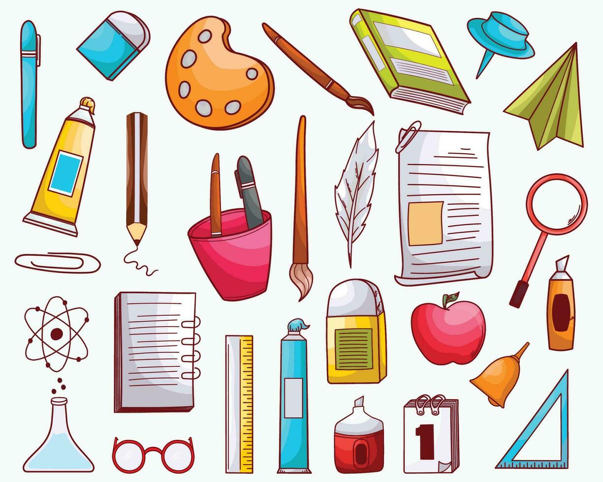 set of collection vector flat color doodle school tools illustration