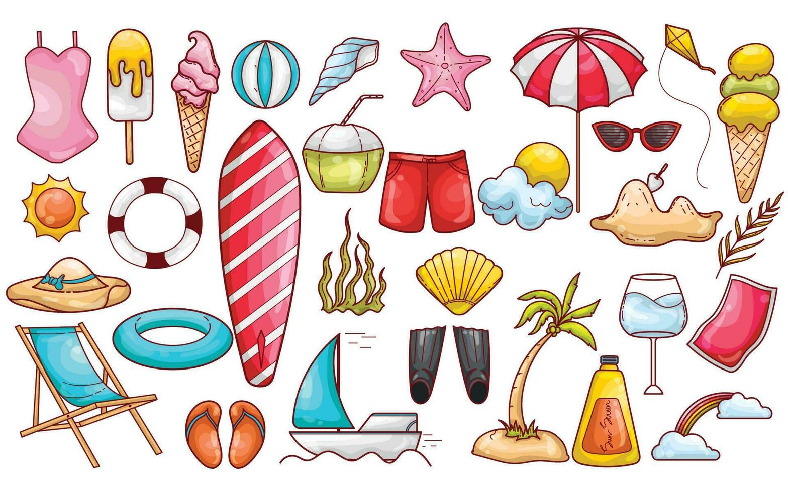 set of collection vector flat color doodle summer theme illustration