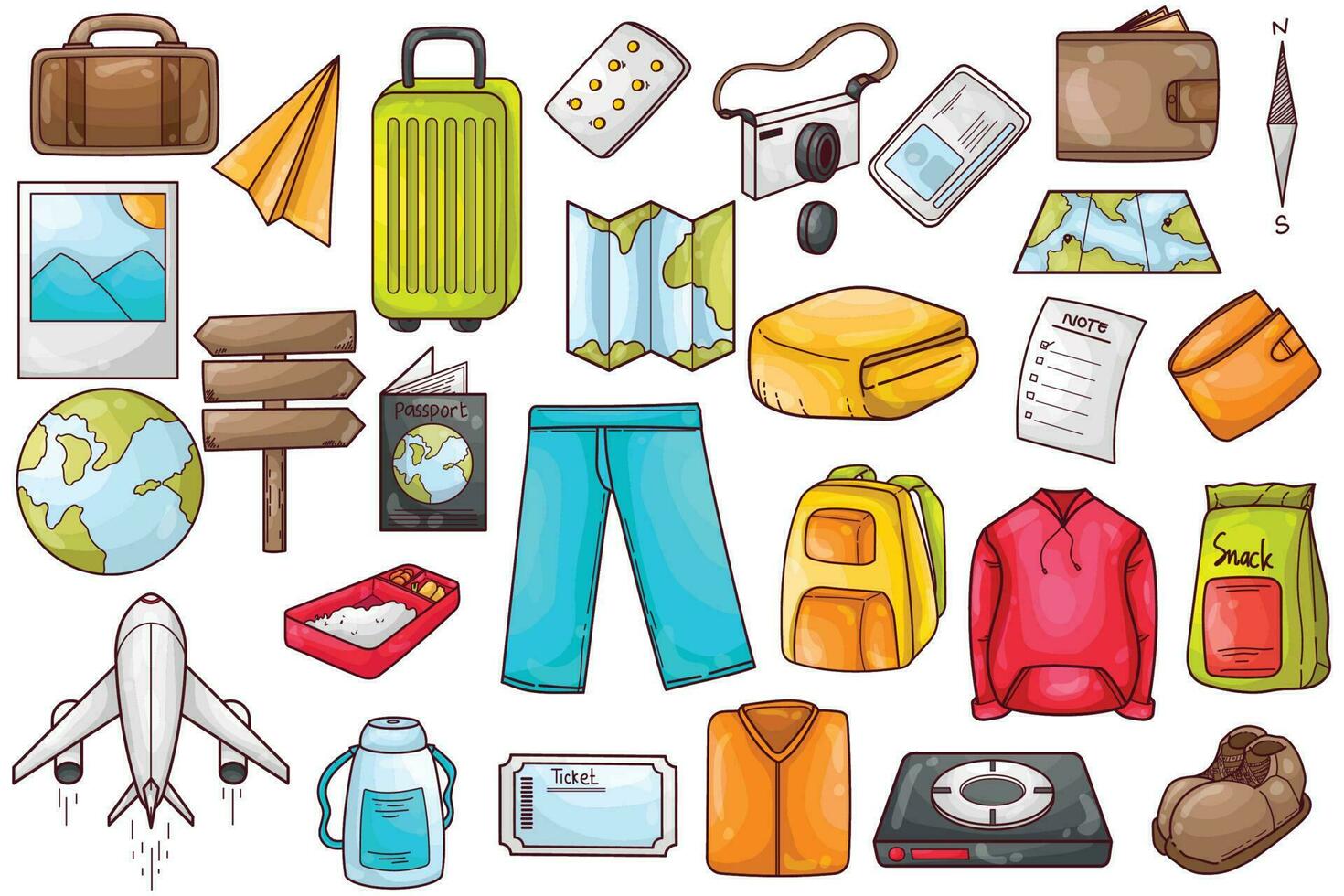 set of collection vector flat color doodle travel element illustration