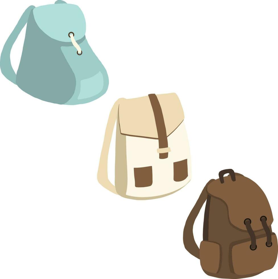 compilation of hand drawn illustration of bag packs. For camping, back to school, post card,scrapbooking vector