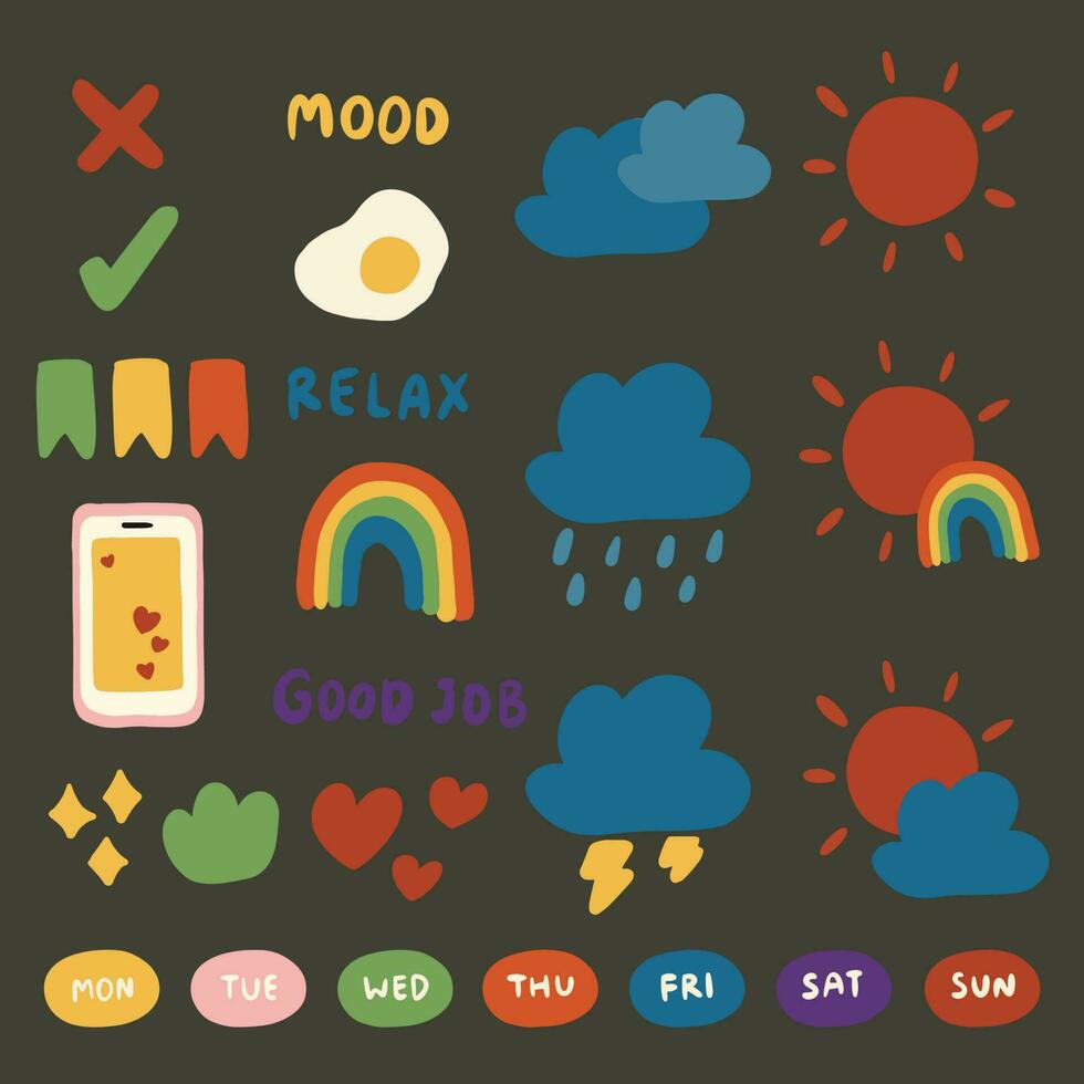 hand drawn vector set of diary sticker illustration