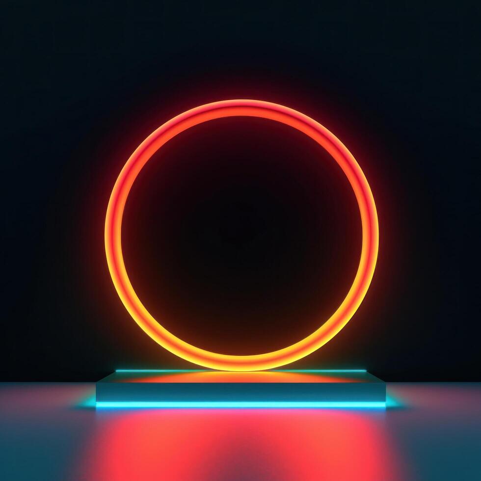 Neon circle, in the style of matte background, minimalist stage designs, dark aquamarine and light amber. Illustration photo
