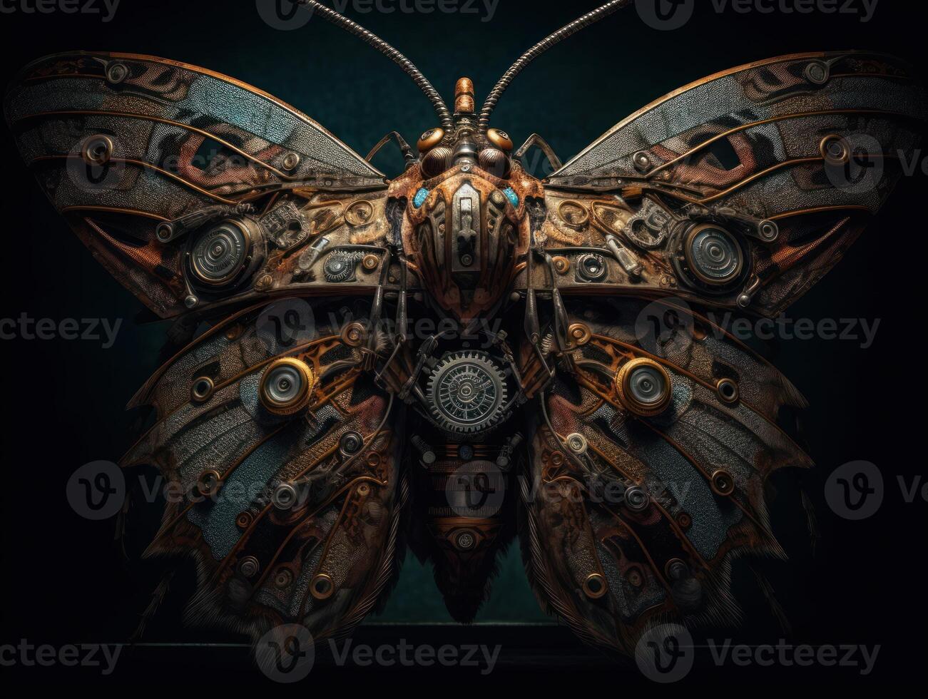 Abstract fantasy colorful mechanical moth background created with technology. photo