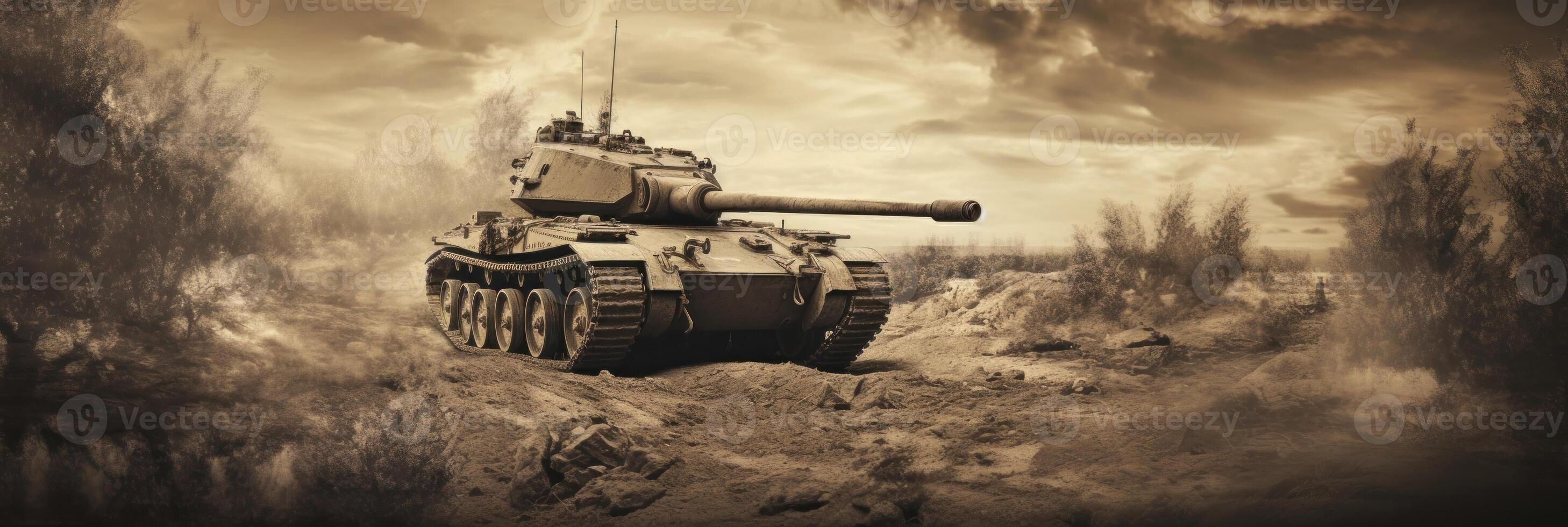 Old tank in the desert, in the style of intense action scenes, Illustration photo