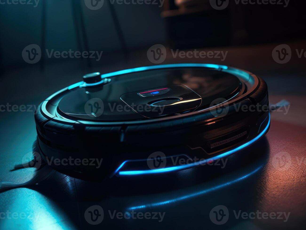 Robotic vacuum cleaner cleaning the floor in the living room. Cleaning service concept. Created with technology. photo