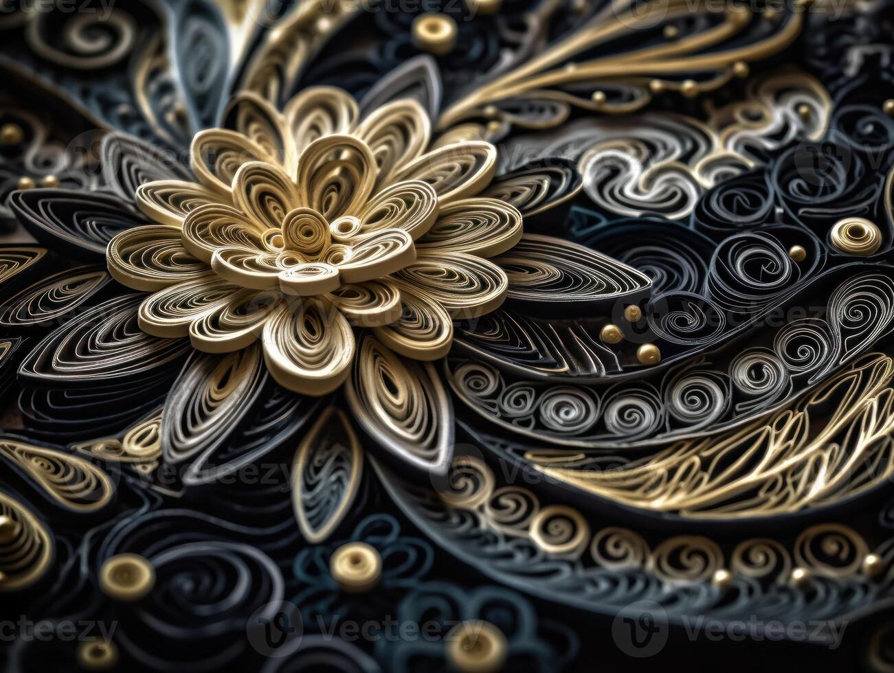 Paper made Quilling craft technic black and gold abstract background lines Created with technology photo
