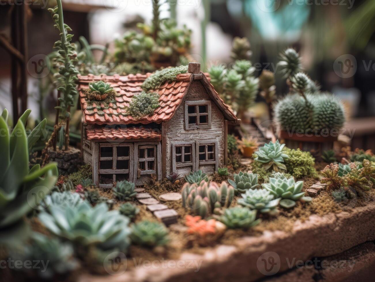 Fantasy Miniature home flowers succulents and cactus in the garden Created with technology photo