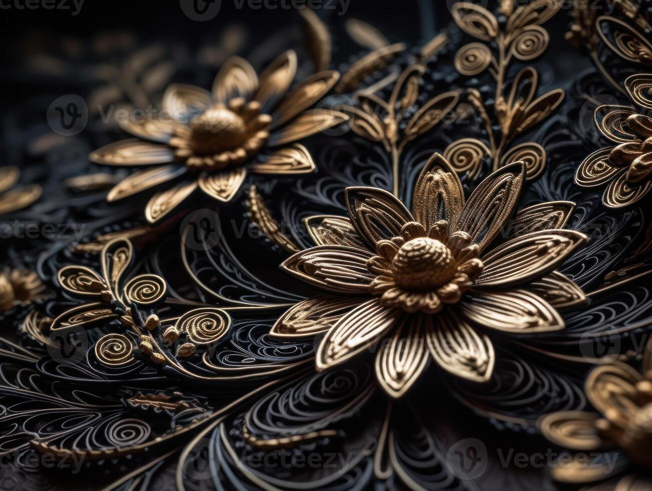 Paper made flowers Quilling craft technic black and gold abstract background lines Created with technology photo