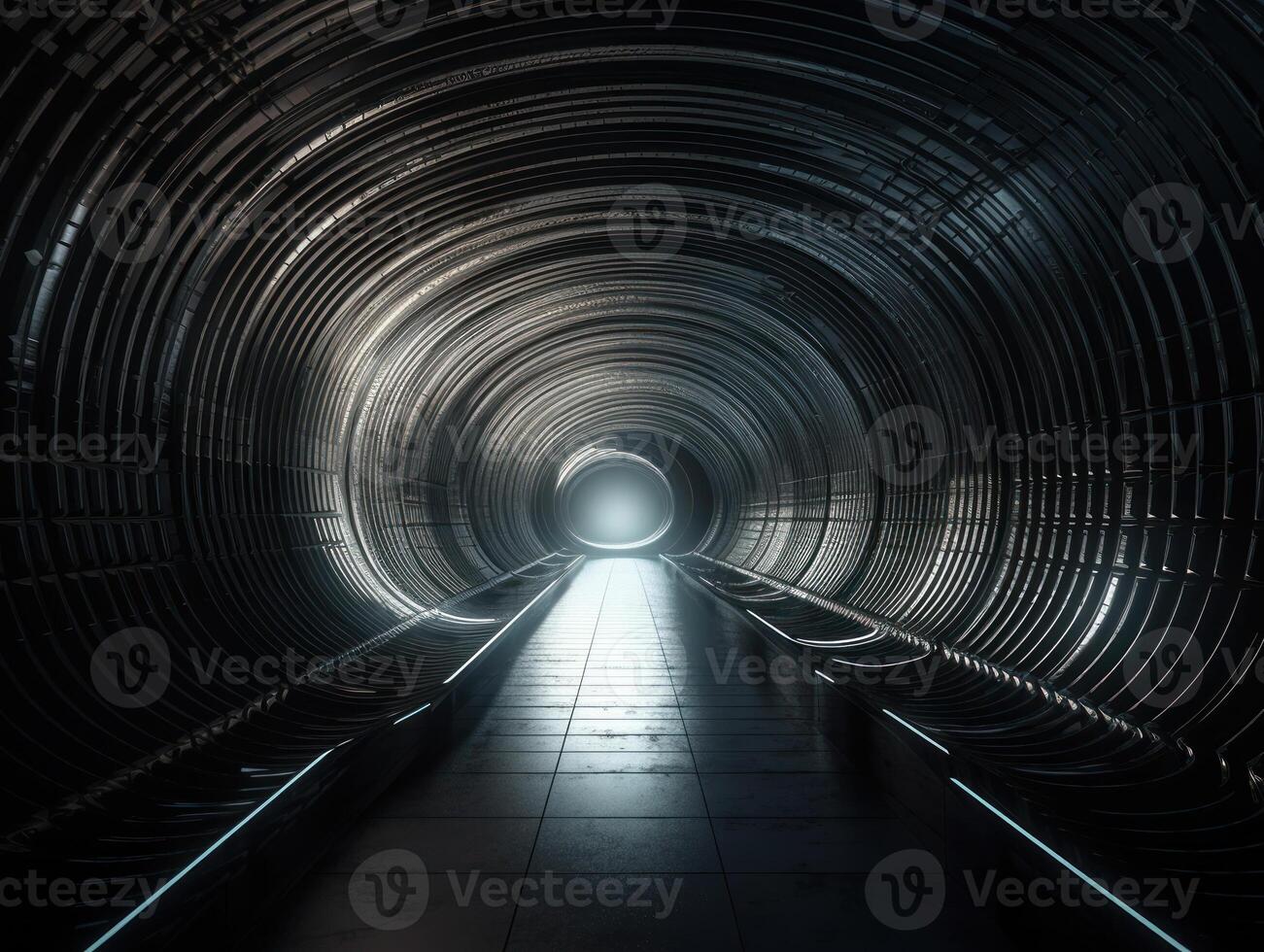 Abstract futuristic tunnel corridor with glowing lights and reflections Science fiction style Created with technology photo