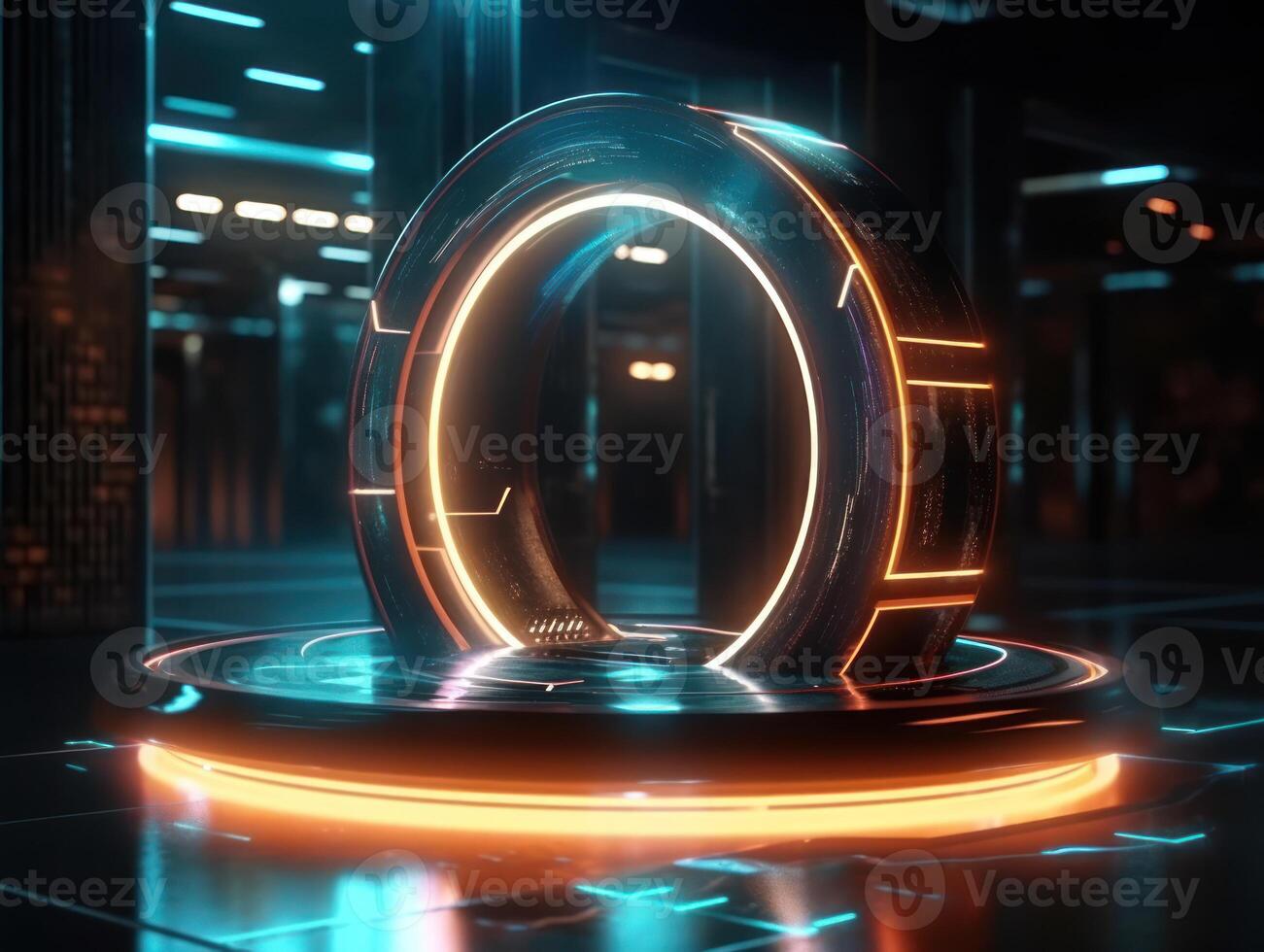 Fantastic Circle holograms magic portals. Futuristic round stage with neon lights. Glowing round stage on a dark background. Created with technology photo