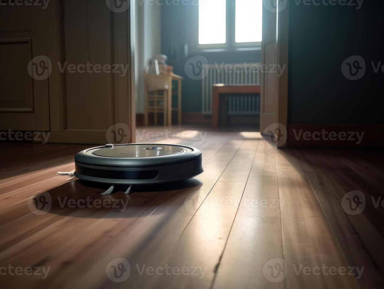 Robotic vacuum cleaner cleaning the floor in the living room. Cleaning service concept. Created with technology. photo