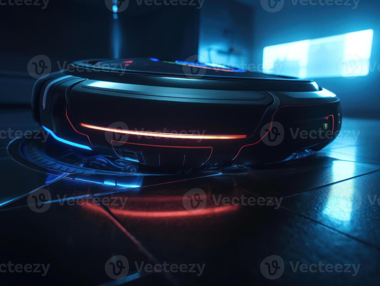 Robotic vacuum cleaner cleaning the floor in the living room. Cleaning service concept. Created with technology. photo