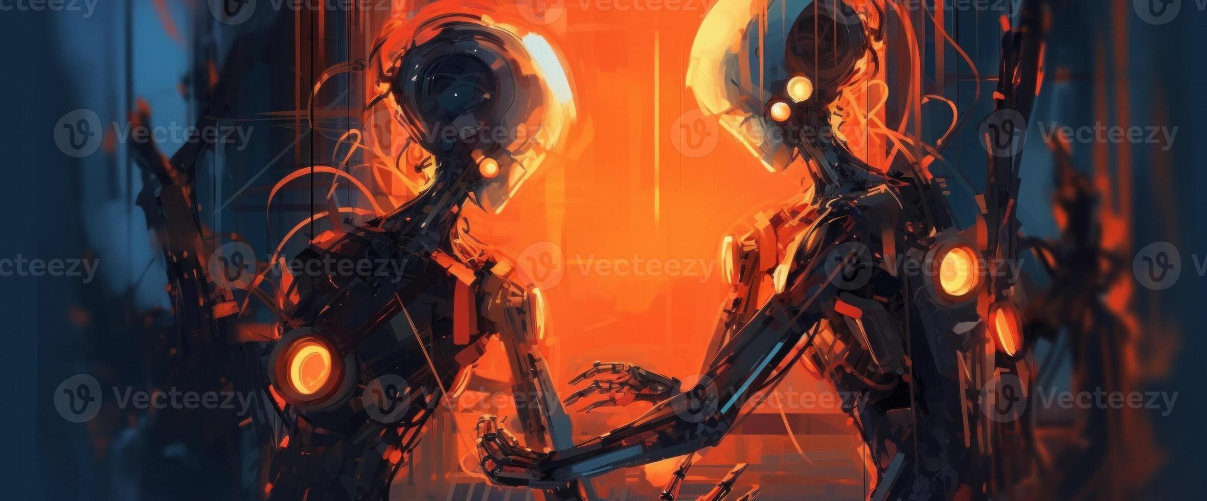 Futuristic robots using a flashlight. Illustration photo
