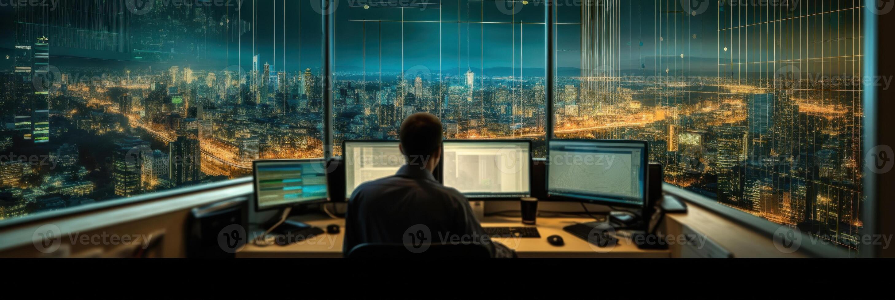 Business office manager with arrow and arrow on the computer screen and city lights behind him Illustration photo