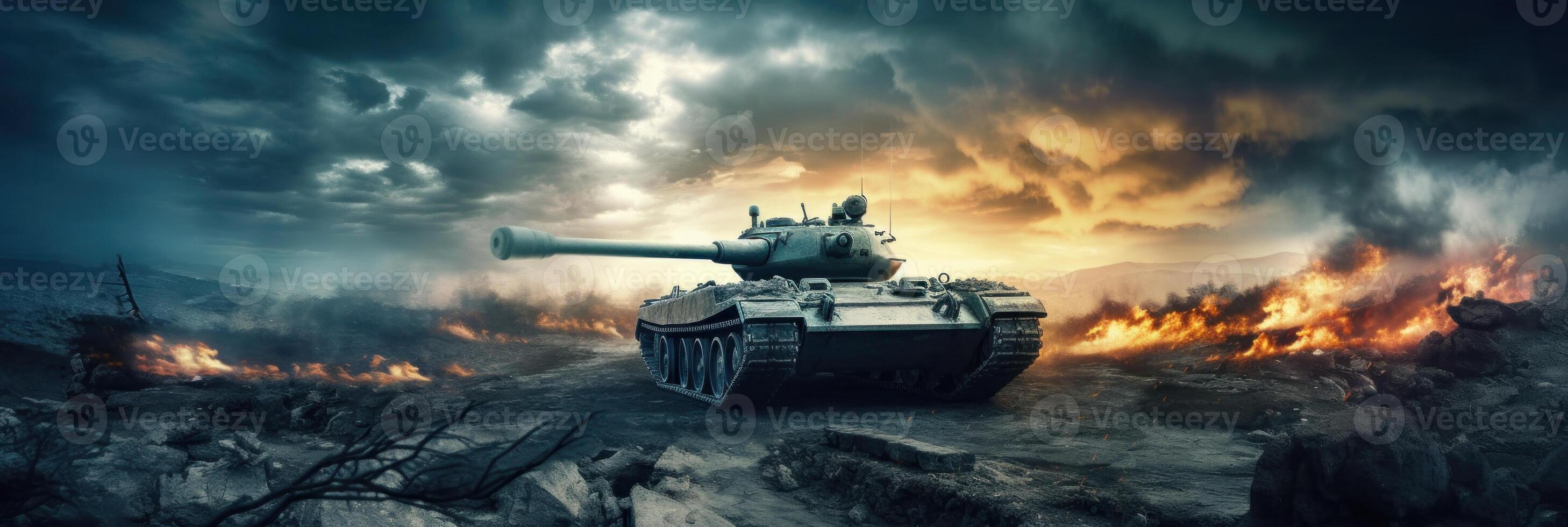 Old tank in the desert, in the style of intense action scenes, Illustration photo