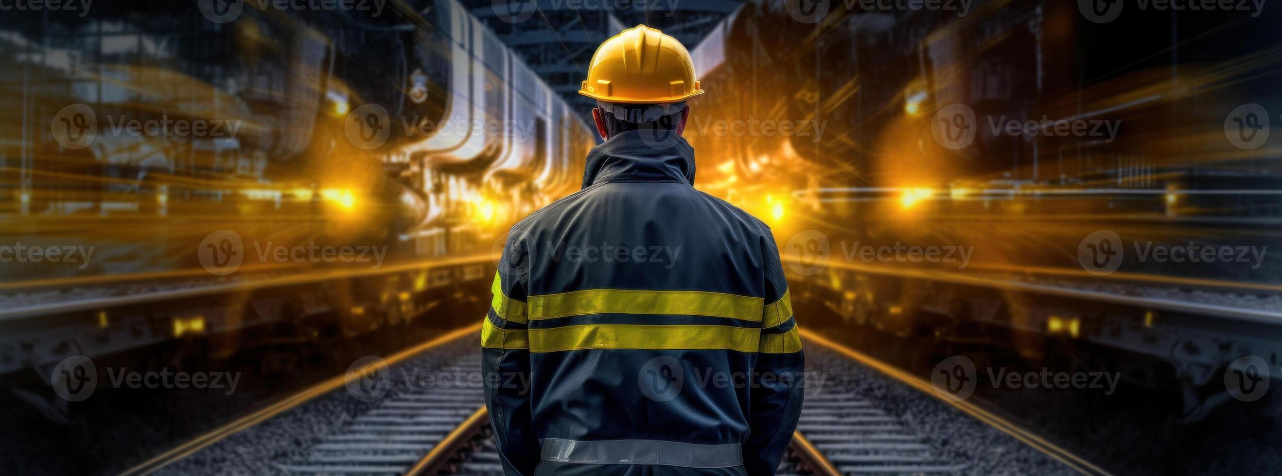 Man in construction gear is standing behind train tracks. Illustration photo