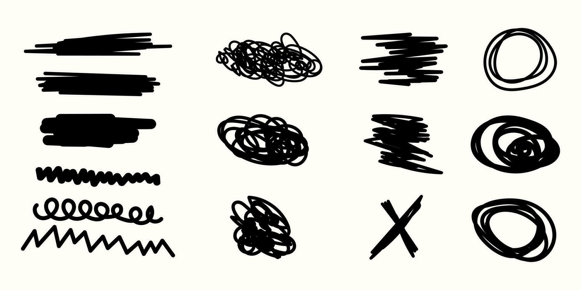 Set hand drawn vector scribble. Doodle infographic elements isolated on white background. Pack of different shapes for design. Brush stroke set. Grunge Ink pen. Curls and spiral drawn