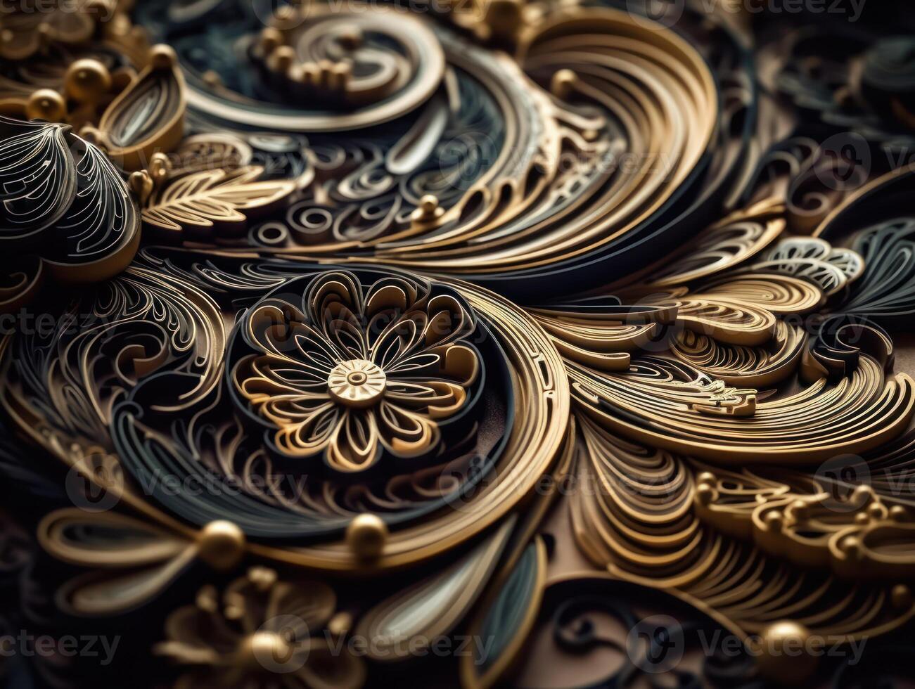 Paper made Quilling craft technic black and gold abstract background lines Created with technology photo