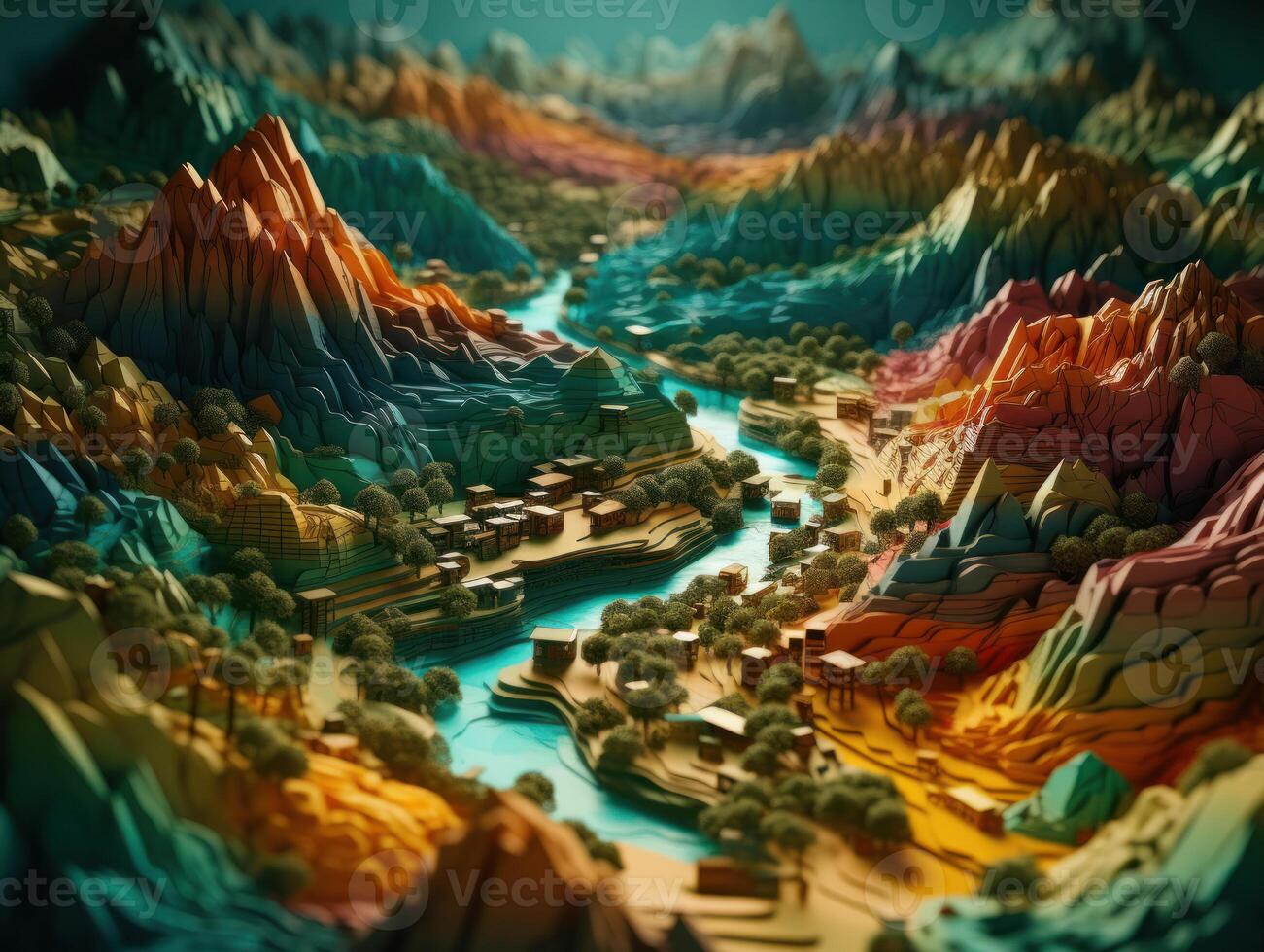 Colorful paper cut terrain mountains background created with technology. photo