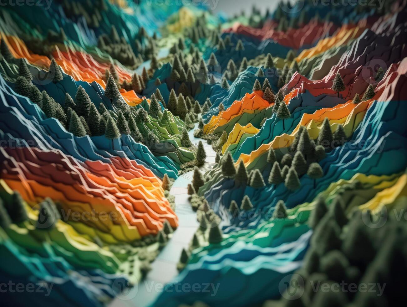 Colorful paper cut terrain mountains background created with technology. photo