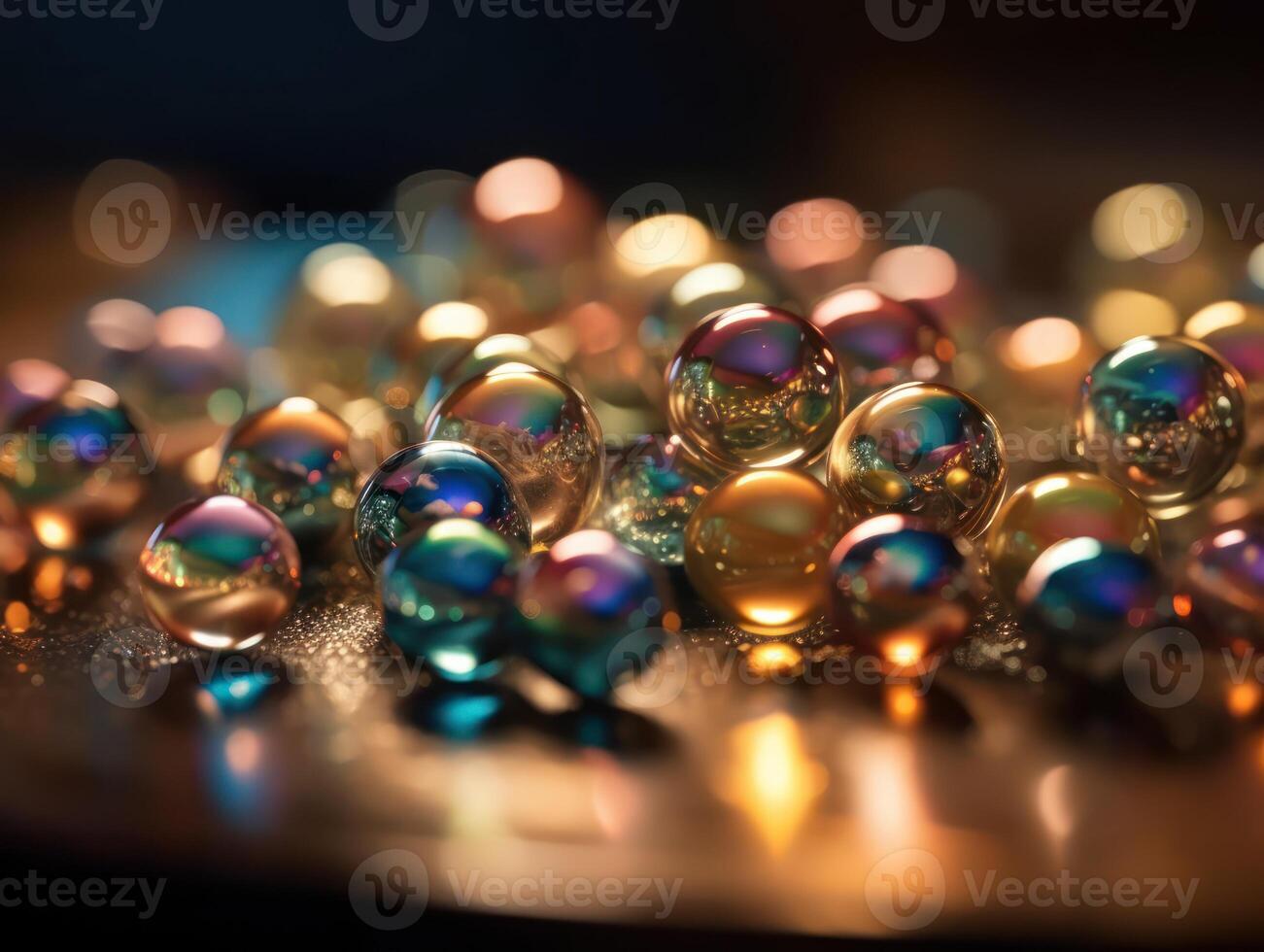 Iridescent pearl spheres on a dark background Liquid dynamic shapes Created with technology. photo