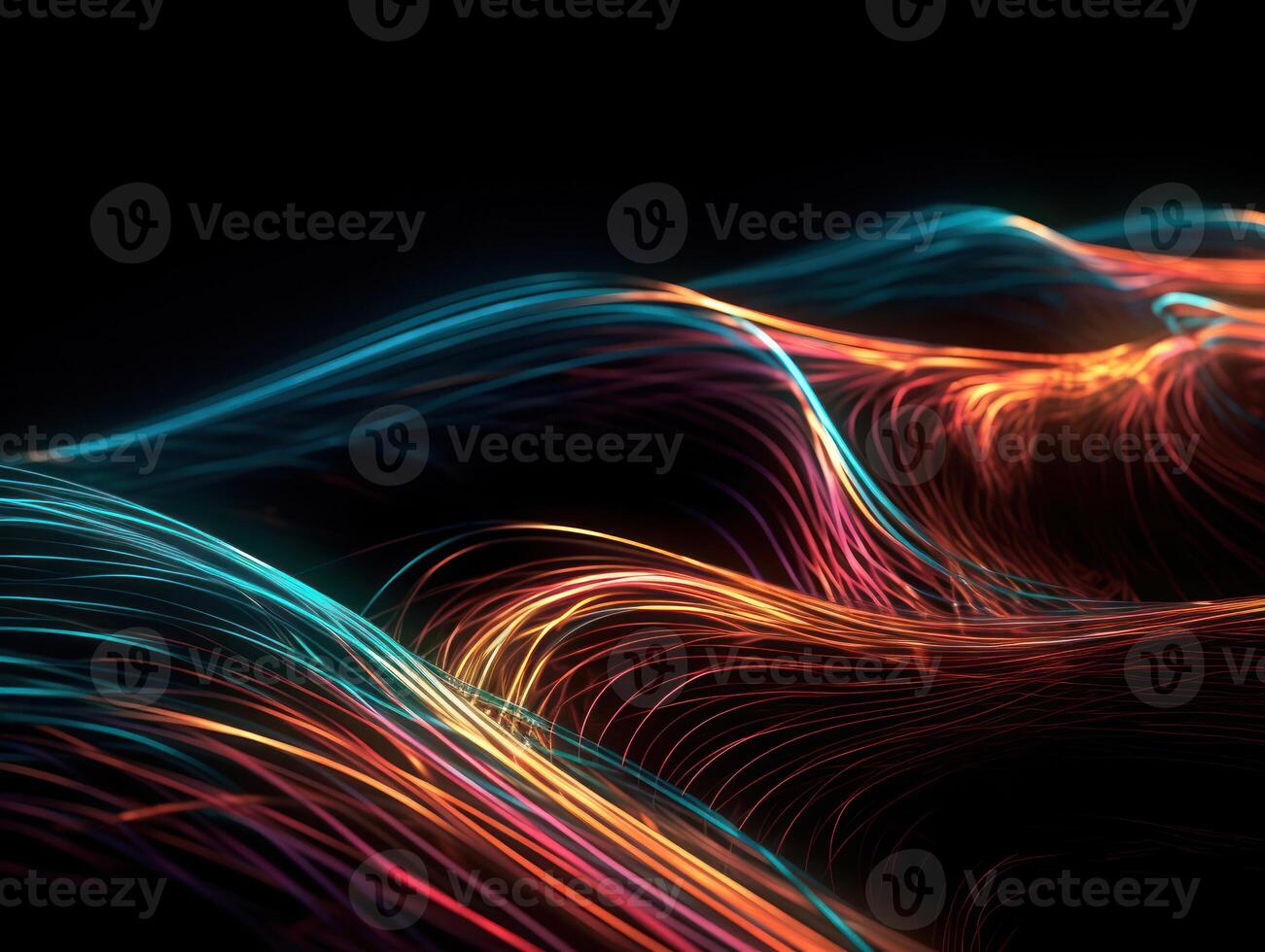 Neon lights wavy lines on dark background Created with technology. photo