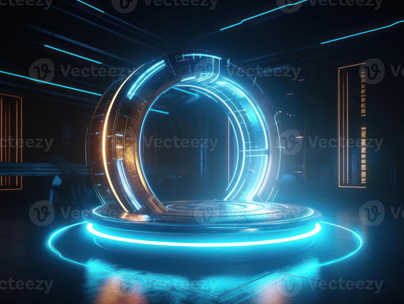 Fantastic Circle holograms magic portals. Futuristic round stage with neon lights. Glowing round stage on a dark background. Created with technology photo