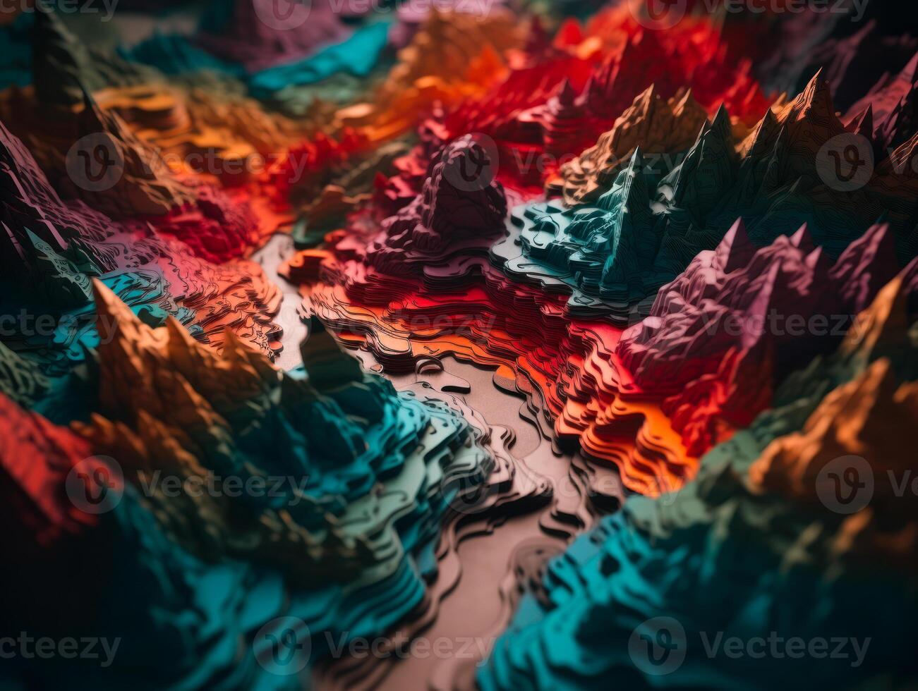 Colorful paper cut terrain mountains background created with technology. photo