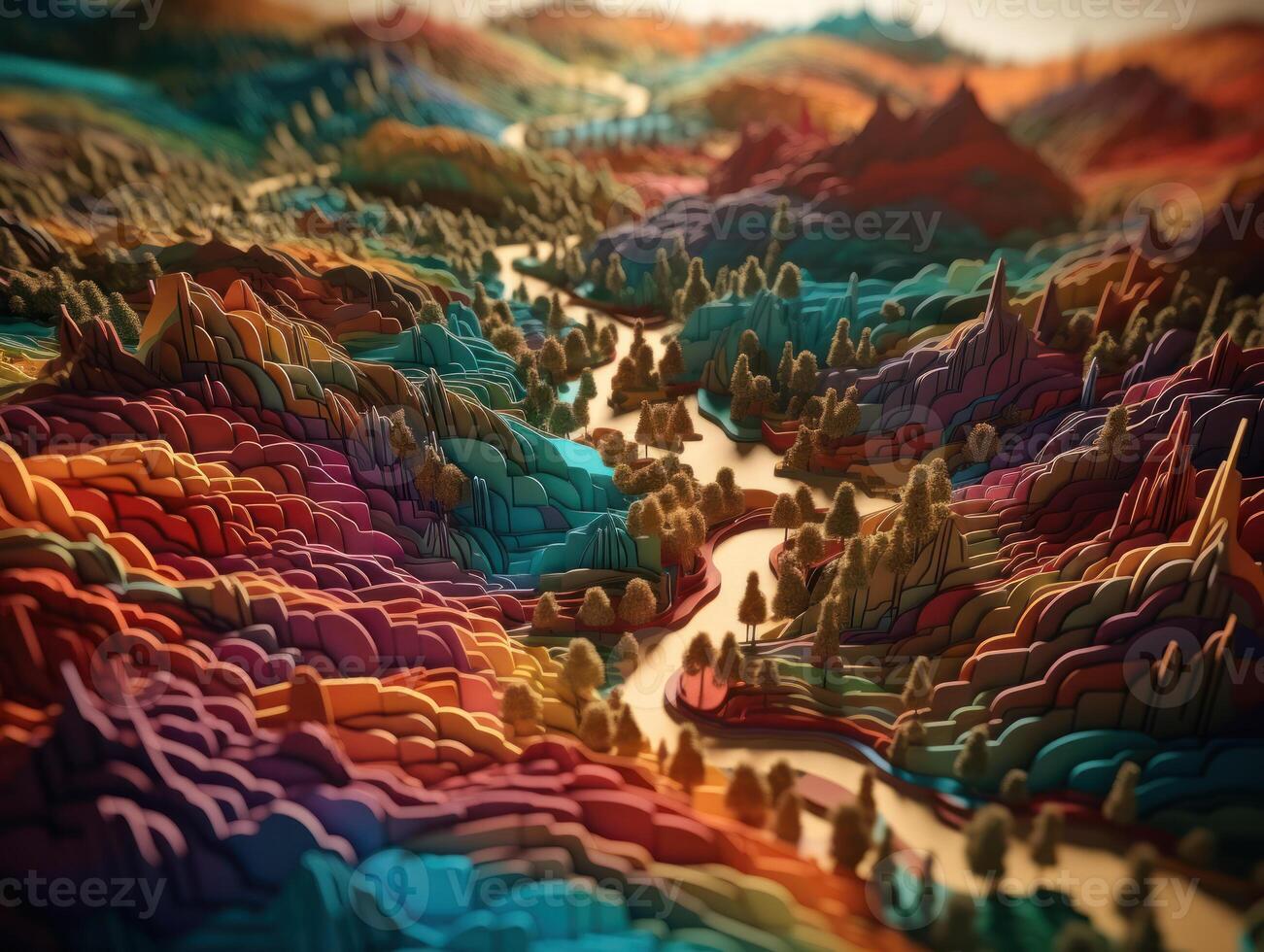 Colorful paper cut terrain mountains background created with technology. photo