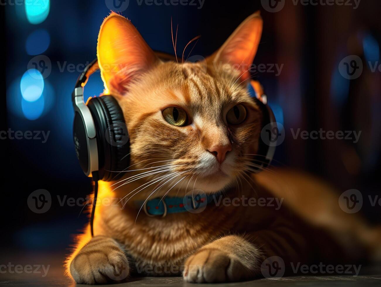 Cat in big headphones enjoys music. Created with technology photo