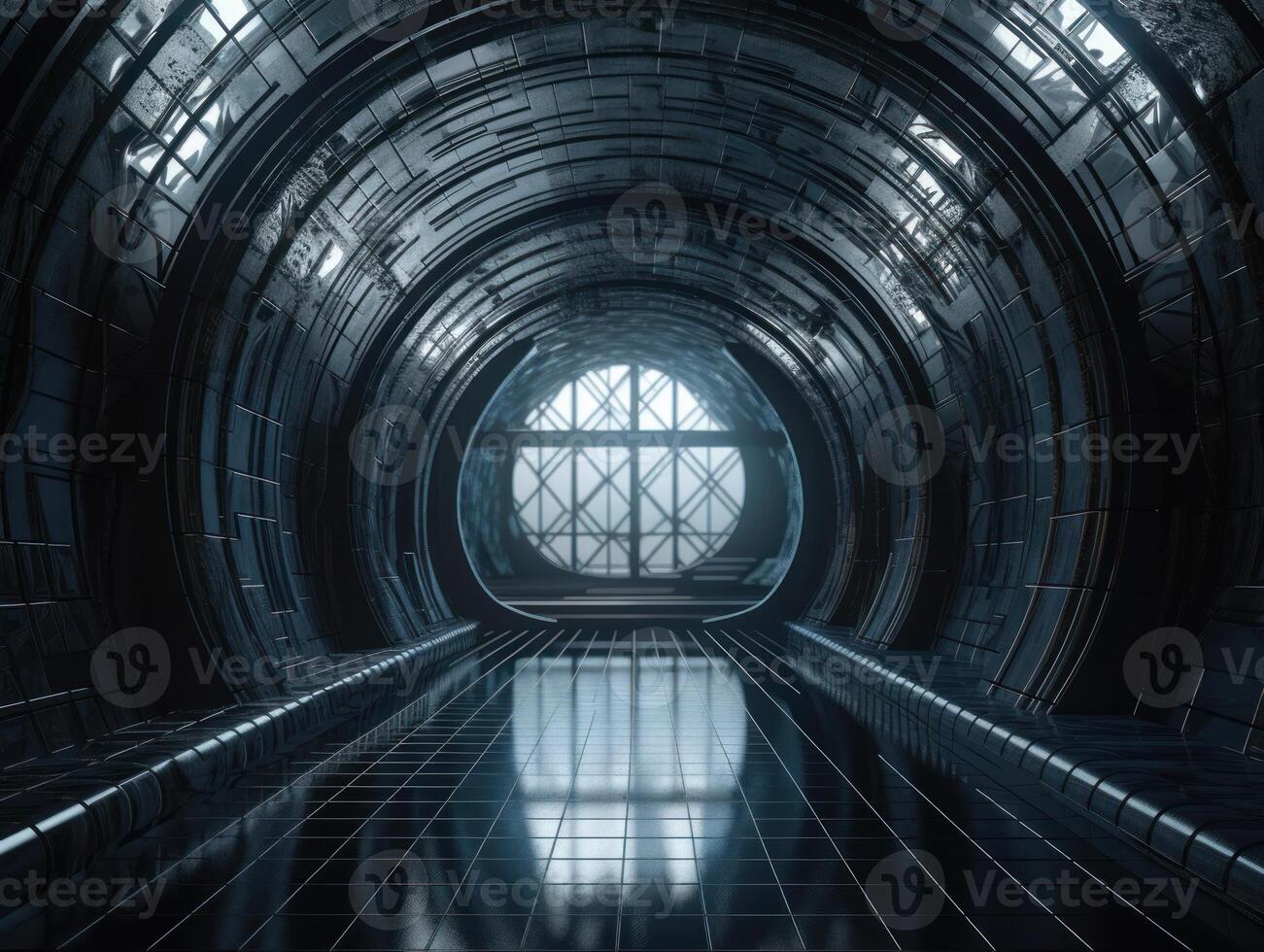 Abstract futuristic tunnel corridor with glowing lights and reflections Science fiction style Created with technology photo