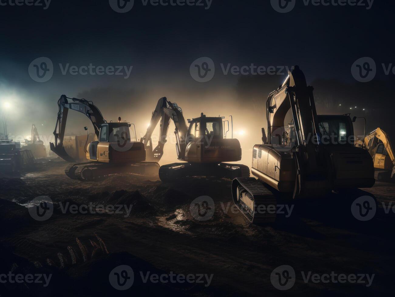 Excavators working on construction site at night. Heavy machinery working on construction site at night created with technology. photo