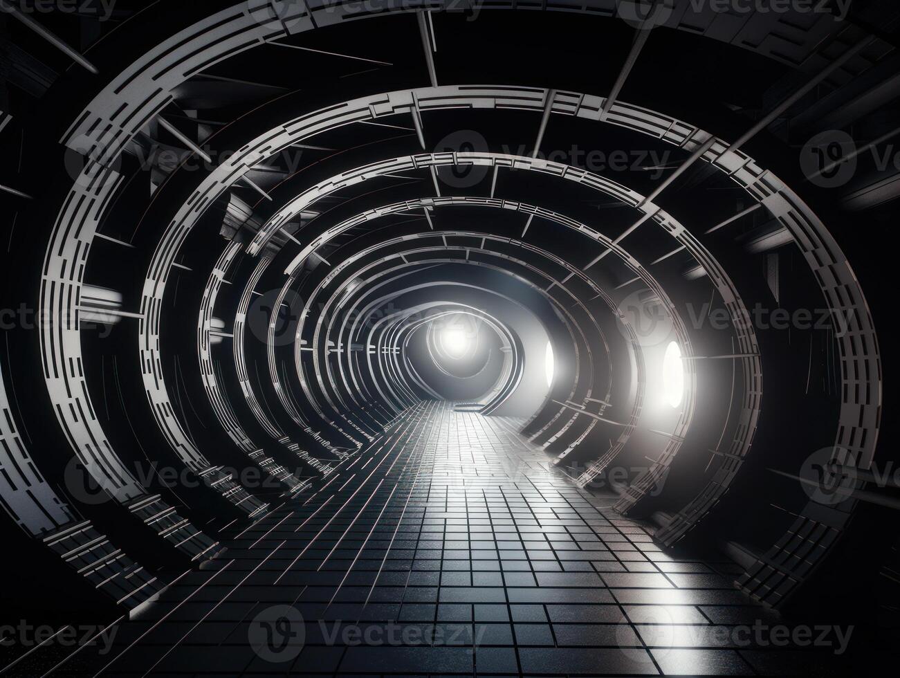 Abstract futuristic tunnel corridor with glowing lights and reflections Science fiction style Created with technology photo