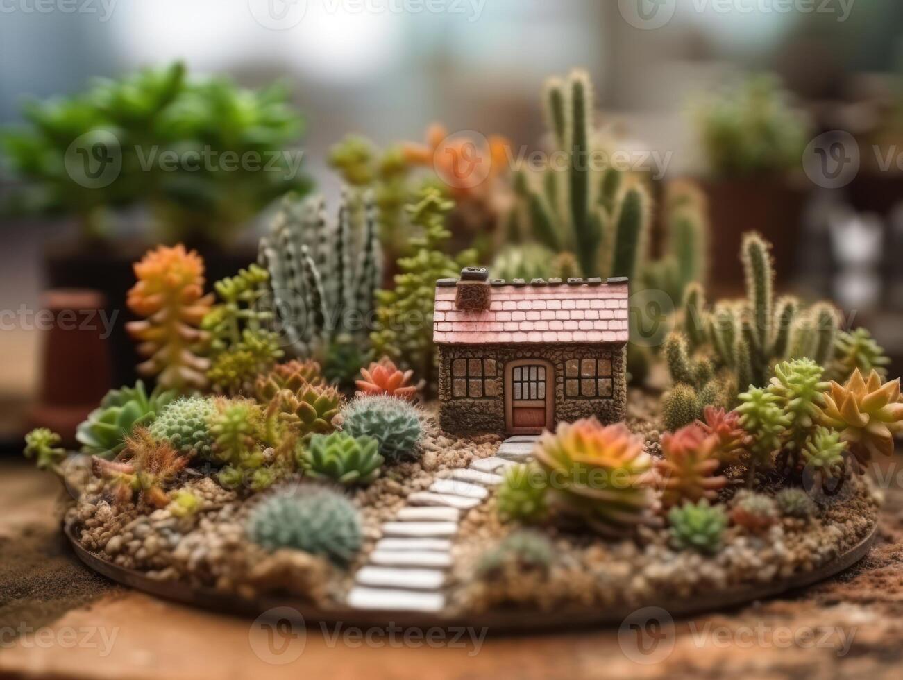 Fantasy Miniature home flowers succulents and cactus in the garden Created with technology photo